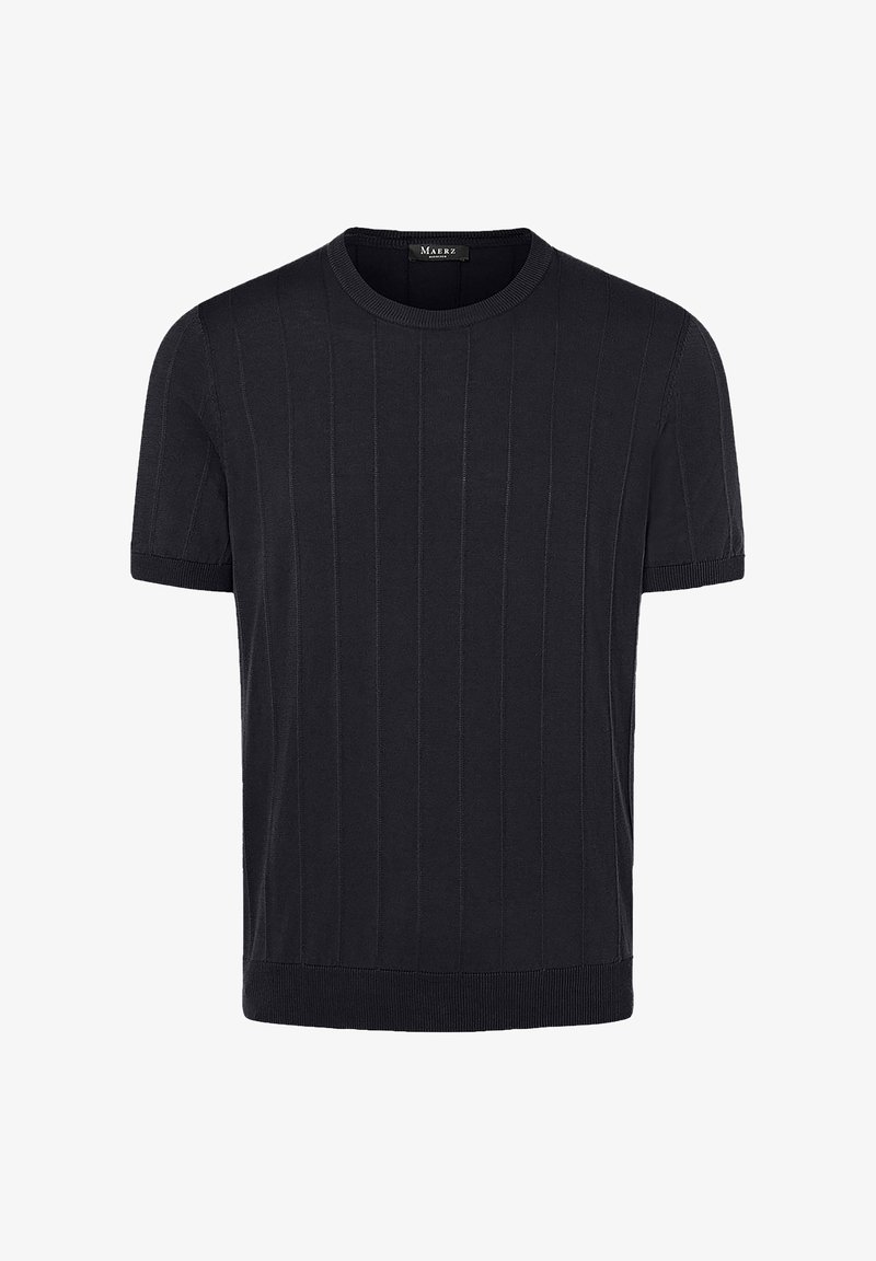 Černé krátké rukávy pletené tričko s vertikální strukturovanou pleteninou, kulatým výstřihem a přiléhavými manžetami a lemem. Měkká tkanina. Bez vzorů nebo doplňků.