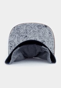 Gray cap with a patterned brim displaying various cartoon characters, and a soft, textured interior lining. Flat bill design.