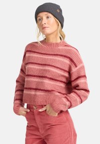 Gestreifter Strickpullover in Nuancen von Pink und Burgunder, mit einem verkürzten Design und gerippter Textur. Kombiniert mit einer farblich passenden Cordhose.