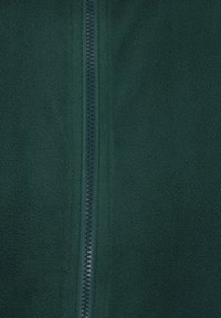 Giacca in pile verde scuro con zip frontale completa. La superficie è morbida e spazzolata, con una guida della zip e un cursore lisci.