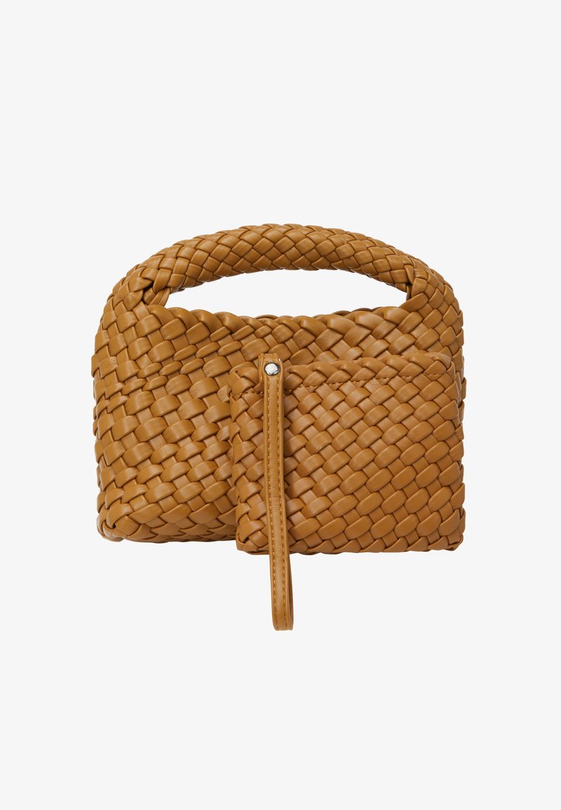 Gewebte Lederhandtasche in warmem Braun mit strukturiertem Design, kurzem Griff und einer vorderen Reißverschlusstasche für zusätzlichen Komfort.