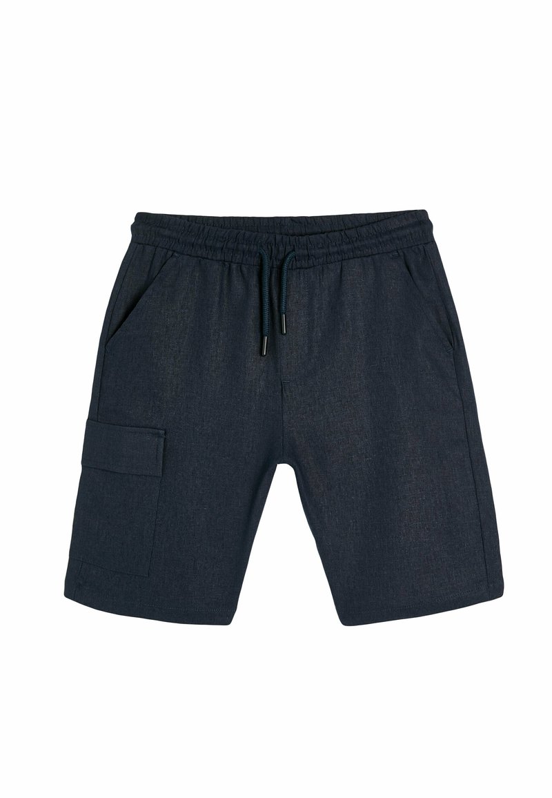 Mørkeblå shorts lavet af vævet stof, med elastisk talje, snøre, sidelommer og en cargo-lomme på venstre lår.