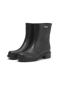 Black rubber ankle boots with a smooth finish, rounded toe, low heel, and textured sole. Features a logo on the side.