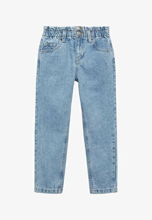 Lichtblauwe spijkerbroek van denim met een elastische tailleband, twee steekzakken aan de voorkant en een rechte pijpdesign. Geen zichtbare patronen of slijtage.