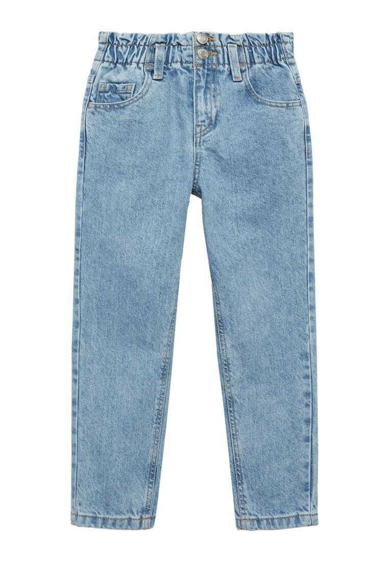 Helle blaue Denim-Jeans mit einem elastischen Bund, zwei Fronttaschen und einem geraden Schnitt. Keine sichtbaren Muster oder Abnutzungen.