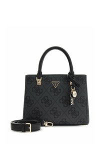 Borsa Guess nera con logo in rilievo, forma strutturata, manici superiori, tracolla staccabile, ferramenta color oro e dettaglio con charm.