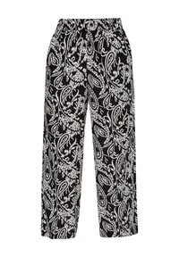 Pantalon noir à jambes larges avec une taille élastique arborant un motif blanc complexe paisley et floral.