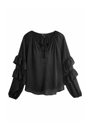Black long-sleeve blouse in lightweight fabric featuring a loose fit, a keyhole neckline, and layered ruffled sleeves.