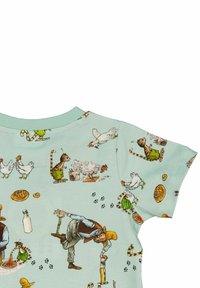 Kortärmad mintgrön skjorta med ett fantasifullt tryck av gårdsdjur och karaktärer. Mjuk bomullsmaterial med rund halsringning och korta ärmar.