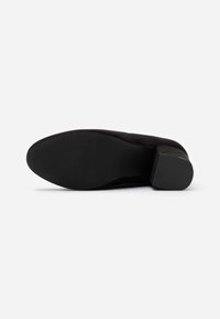 Suela de bota de ante negra con un tacón bajo cuadrado, vista desde la parte inferior sobre un fondo blanco liso.