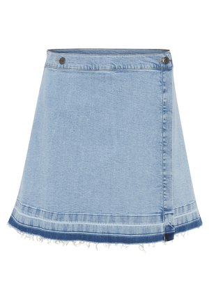 Gaiši zils denima A līnijas svārki ar neapstrādātu apakšmalu, ar pogu aizdari un priekšējo flāpu detaļu. Gluda tekstūra ar kontrastējošām šuvēm.