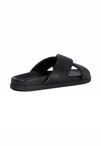 Black slide sandal made of smooth synthetic material, featuring an open-toe design with crisscross straps and a flat sole.