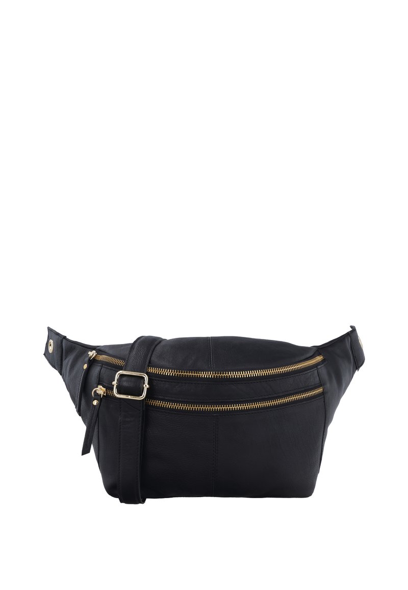 Riñonera de cuero negro con dos cremalleras doradas y una correa ajustable con hebilla metálica sobre fondo blanco.