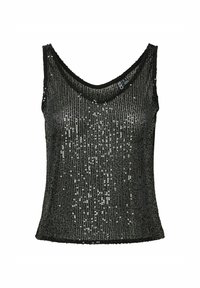 Top in sequins neri con scollatura a V e design senza maniche. Presenta una superficie testurizzata con paillettes lucide e un orlo dritto.