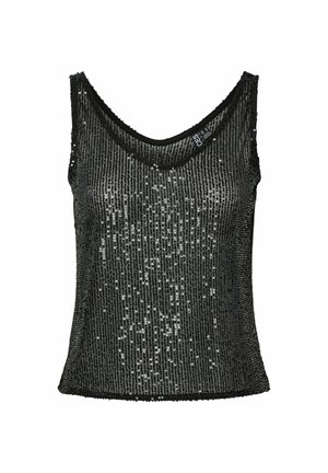 Zwarte tanktop met pailletten in een V-hals en zonder mouwen. Heeft een gestructureerd oppervlak met glanzende pailletten en een rechte zoom.