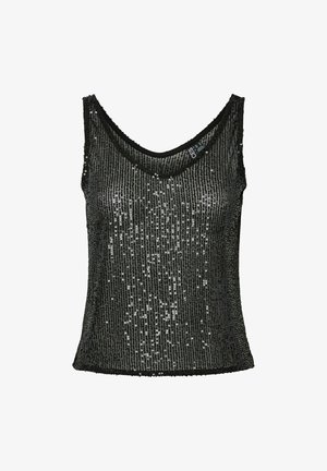 Zwarte tanktop met pailletten in een V-hals en zonder mouwen. Heeft een gestructureerd oppervlak met glanzende pailletten en een rechte zoom.
