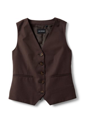 Braune maßgeschneiderte ärmellose Weste mit fünf Knöpfen, zwei vorderen Paspeltaschen und V-Ausschnitt, innen mit dem Label "Les Copains".