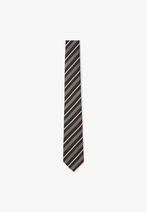 Dunkelbraune Krawatte mit diagonalen Streifen in Grau und Hellbeige auf schlichtem weißem Hintergrund.