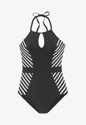 Maillot de bain noir une pièce avec encolure licou et détail en trou de serrure. Présente des rayures diagonales blanches et noires contrastantes sur les côtés. Tissu lisse.