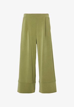 Weit geschnittene, olivgrüne Cropped-Hosen mit hoher Taille und umgeschlagenen Säumen, aus weichem, glattem Stoff gefertigt.