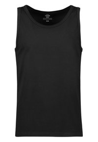 Schwarzes Baumwoll-Tanktop mit rundem Ausschnitt und weiten Armausschnitten. Es hat ein schlichtes Design mit glatter Textur und ohne sichtbare Muster oder Akzente.