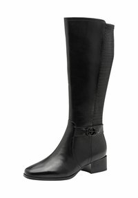 Fekete bőrből készült térd feletti csizma textúrázott fekete elasztikus betéttel, hegyes orral és alacsony blokk sarkal, díszítő pánt részlettel.