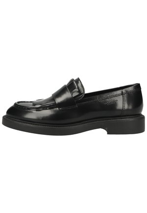 Sort læder penny loafer med frynse-detalje, lav hæl og syet sål, designet til både formelt og afslappet brug.
