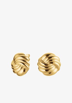 Gold knot stud earrings with a spiraled design, featuring a smooth, shiny texture and rounded shape.