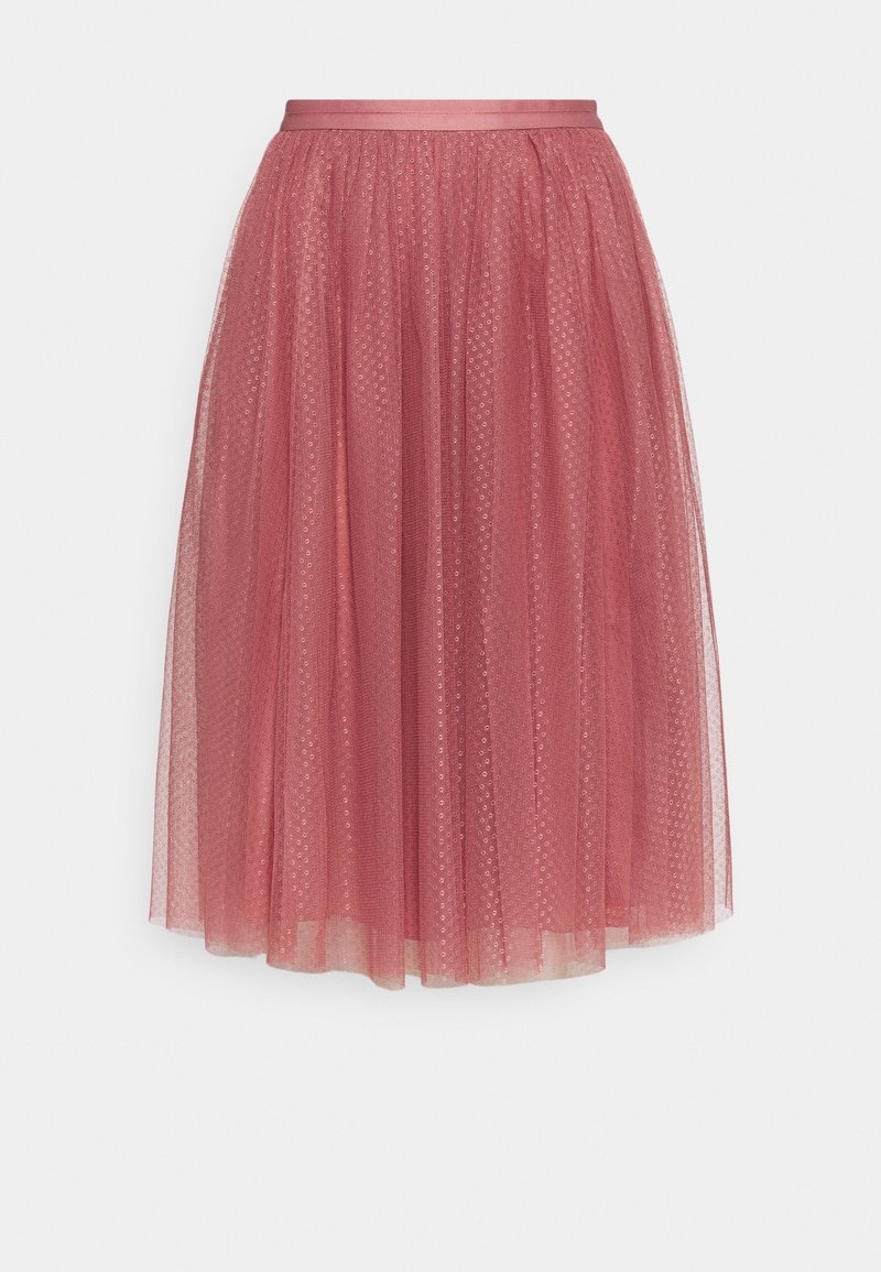 Jupe en tulle rose poudré longueur midi avec une taille cintrée et un tissu superposé présentant une texture subtile à pois.