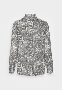 Langarmshirt met een zwart-wit paisleypatroon, knopenmanchetten en een klassieke kraag. Opmerking: achteraanzicht weergegeven.
