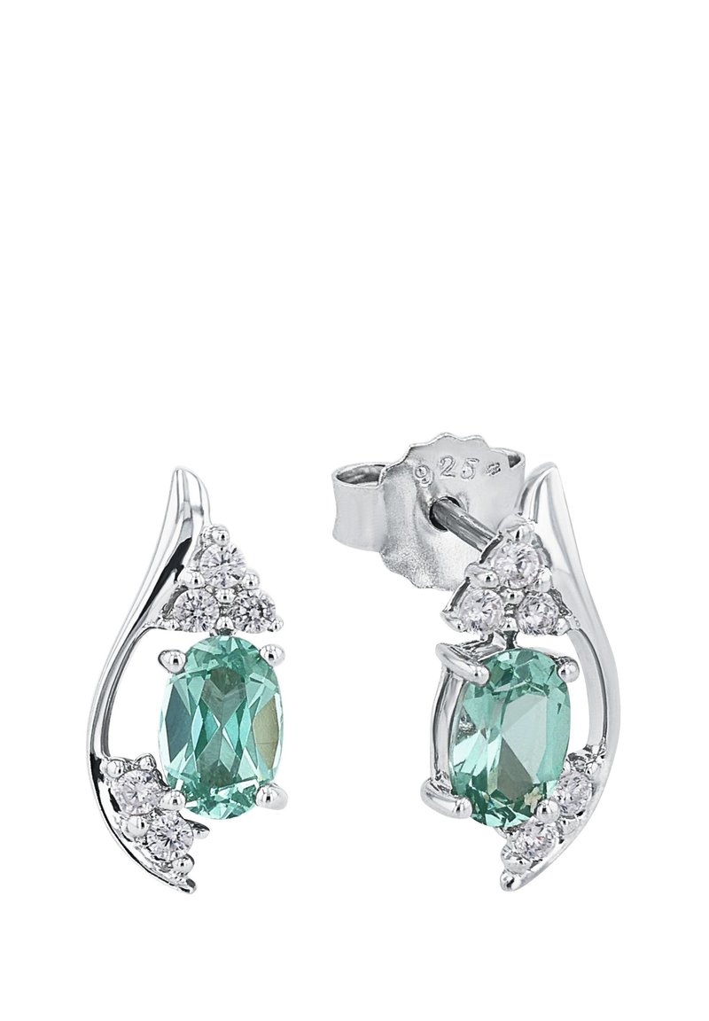 Örhängen i sterling silver med en oval mintgrön sten, dekorerad med små klara stenar, i en vågformad design.