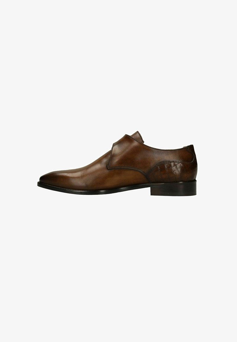 Brown leather dress shoe with a smooth finish and rounded toe. Features a textured accent and a low black heel. Side slip-on design.