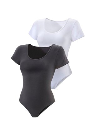 Two fitted short-sleeve bodysuits with scooped necklines, one black in front and one white behind, displayed on a white background.