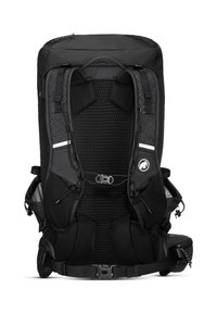 Schwarzer Rucksack mit gepolstertem Netzrücken, verstellbaren Trägern, Seitentaschen und einem großen oberen Fach. Mit Hardware- und reflektierenden Akzenten.