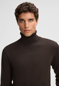 Brązowy sweter typu golf wykonanego z miękkiego materiału, z prążkowanym kołnierzem i długimi rękawami, dopasowany krój o gładkiej teksturze.