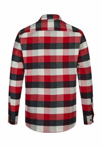 Rood, zwart en wit geruite flanellen shirt met lange mouwen, knoopmanchetten en een opgevouwen kraag. Heeft een groot geruit patroon over het hele shirt.