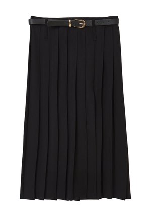 Black pleated skirt with a textured fabric, featuring a slim black belt with a gold buckle. Straight hem and uniform pleats throughout.