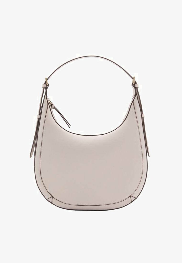 Lys beige læderhåndtaske med en buet silhuet, et enkelt topgreb og minimal syning. Har lynlåslukning og sideaccenter.