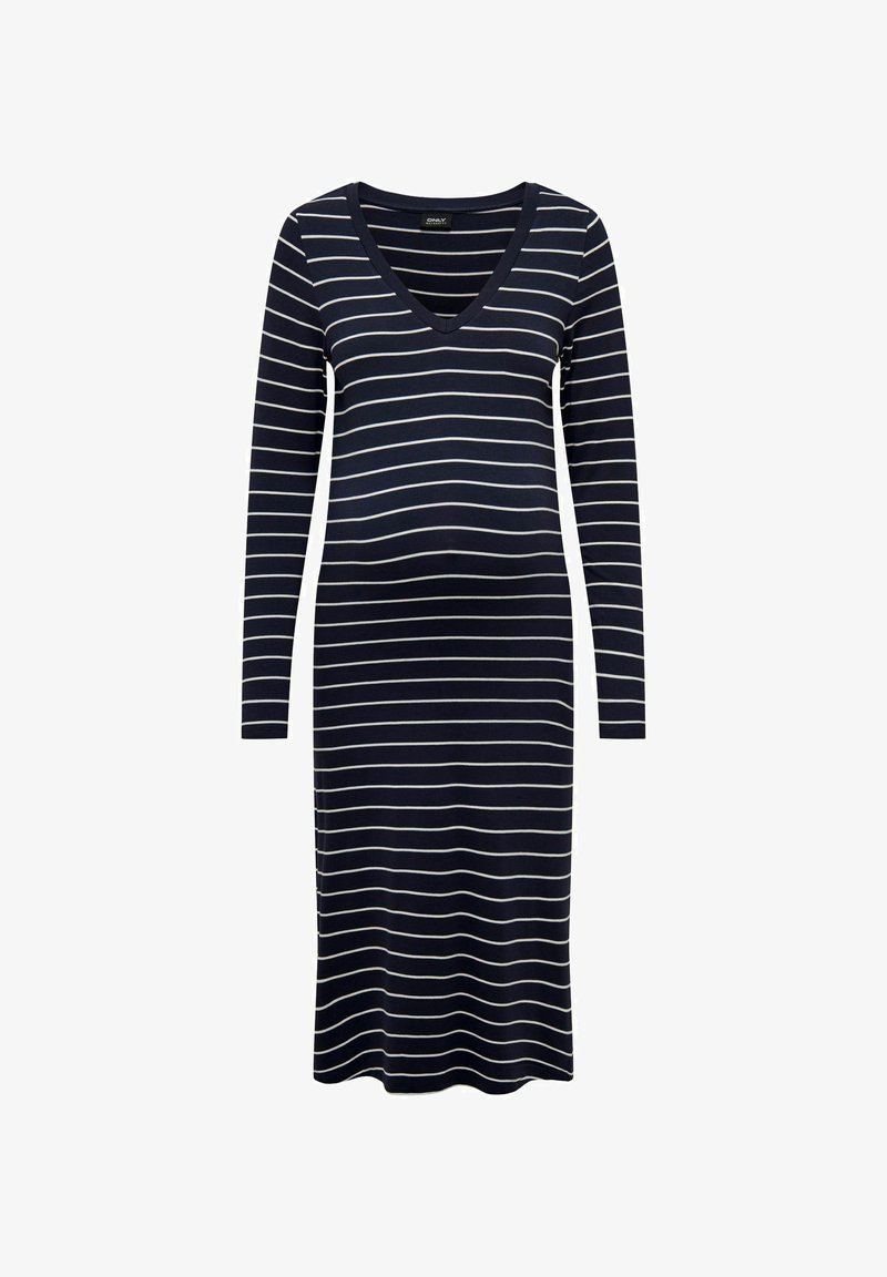 Navy blue maternity dress with white stripes, long sleeves, V-neckline, fitted shape, made from soft fabric, reaching mid-calf.