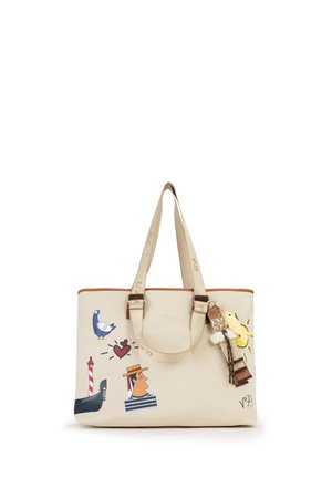 Borsa tote beige con illustrazioni di gondoliere, piccione, cuore, faro e sole, con doppi manici e portachiavi decorativo con nappine.