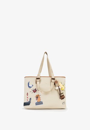 Sac cabas beige avec illustrations de gondolier, pigeon, cœur, phare et soleil, doté de doubles anses et d'un porte-clés décoratif à pompon.