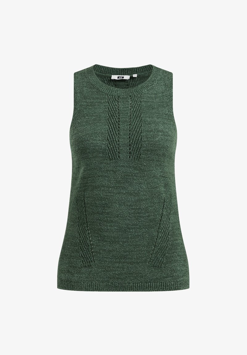 Gilet sans manches en maille vert foncé avec encolure ronde et motifs texturés verticaux au centre et sur les côtés avant.