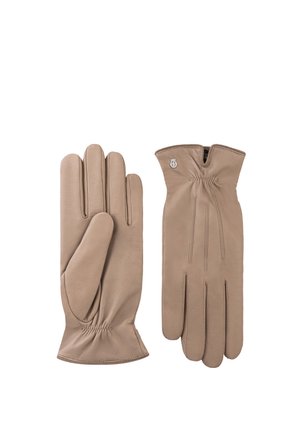 Paar beige Lederhandschuhe mit Gummizug am Handgelenk und dekorativer Naht auf der Rückseite, eine Handfläche nach oben, eine Rückseite nach oben.