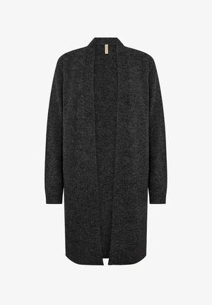 Lange, open cardigan in donkergrijs, gemaakt van gebreide stof. Heeft lange mouwen en een relaxte pasvorm met geribbelde details bij de manchetten.