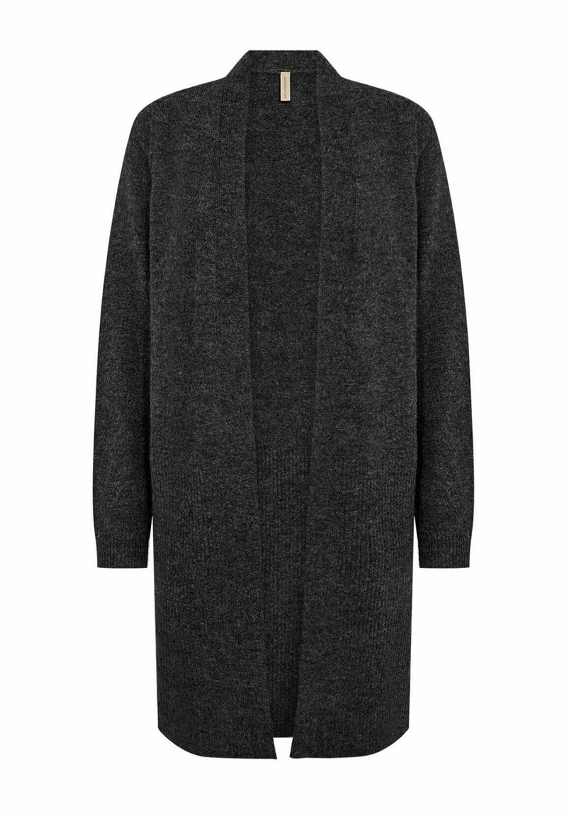 Lange, open cardigan in donkergrijs, gemaakt van gebreide stof. Heeft lange mouwen en een relaxte pasvorm met geribbelde details bij de manchetten.