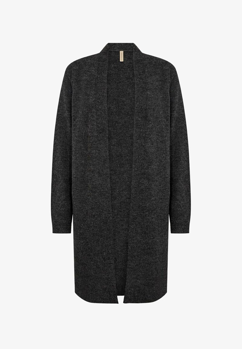 Lange, open cardigan in donkergrijs, gemaakt van gebreide stof. Heeft lange mouwen en een relaxte pasvorm met geribbelde details bij de manchetten.