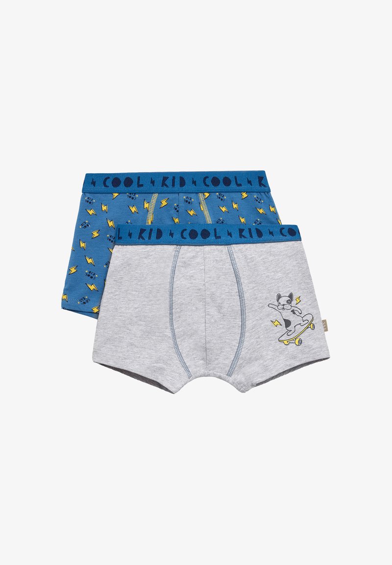 Conjunto de dos calzoncillos tipo bóxer para niños: uno azul con patrones de rayos amarillos, otro gris con un gráfico de un perro en patineta; material de algodón.