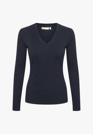 Mornarsko modra dolgsleeve V-izrez majica z ribasto teksturo, prilegajoč obliko in majhen logotip na robu. Mehak material, primeren za plastenje.