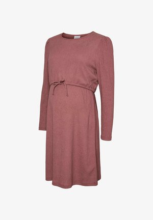 Raseduskleit pehmes, tekstuursetes mauve kangas. Omab pikki varrukaid, ümmargust kaelust ja reguleeritavat vöökohta.