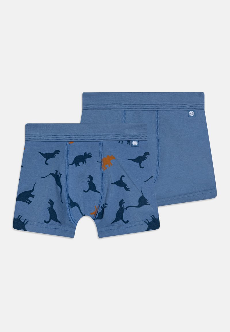 Blå bomullsboxershorts med dinosaurutskrifter i mørkeblått og oransje. Har en komfortabel midje og en klassisk passform.